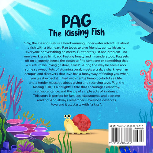 Cover of PAG: The Kissing Fish, a children’s book by Andreas Vellios featuring a colorful underwater scene and a smiling fish.
