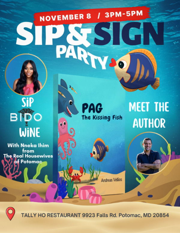 Promotional flyer for a 'Sip & Sign Party' event featuring a book titled 'The Kissing Fish' with illustrations of sea creatures.