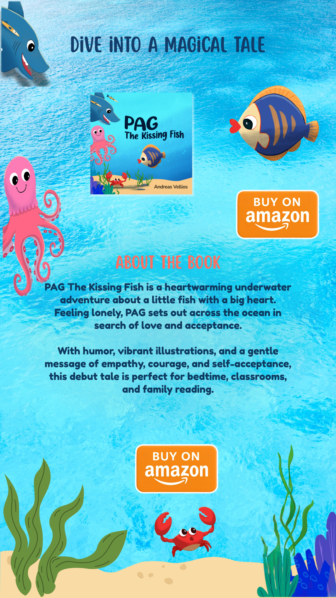 Promotional graphic for 'PAG The Kissing Fish' book with ocean-themed illustrations and Amazon buy buttons.